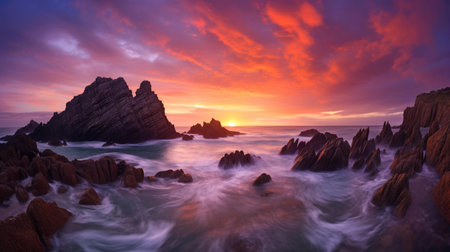 Beautiful seascape. Panoramic view of the sunset over the sea.の素材