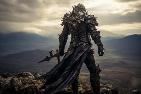 Fantasy warrior with sword and armor on the top of the mountainの素材