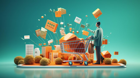 Businessman with shopping cart. 3d illustration. Online shopping concept.の素材