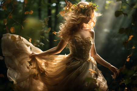 Beautiful young woman in a fairy forest. Fairytale, fantasy.の素材