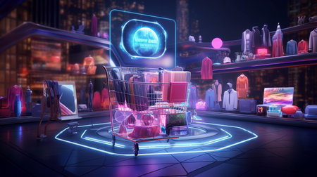 3d rendering of a shopping cart in front of a night cityの素材