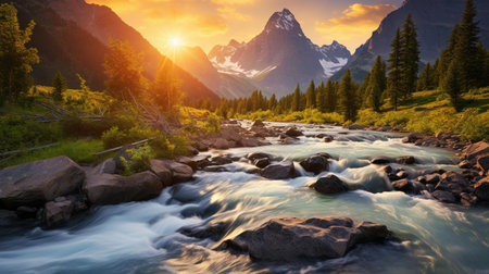 Mountain river at sunset. Beautiful landscape with mountain river and high peaks.の素材