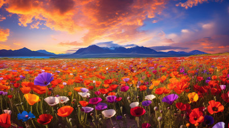 Poppies field and mountains at sunset in Alaska, USA.の素材