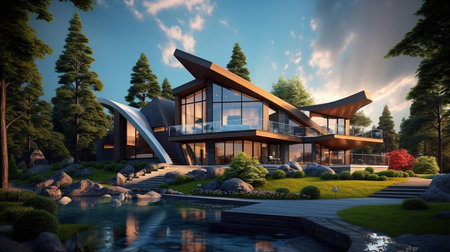 3d rendering of modern cozy house with pool and parking for sale or rent. Beautiful forest in background. Clear summer evening with blue sky.の素材