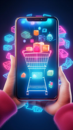 Hand holding smartphone with shopping cart and colorful application icons on blue backgroundの素材
