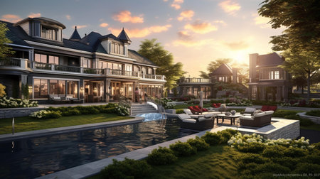 3d rendering of modern cozy house with pool and parking for sale or rent in luxurious style. Sunset with beautiful sky.の素材