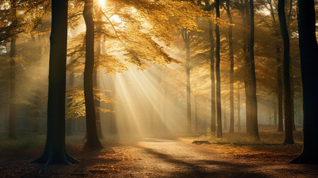 Autumn forest with sunbeams and fog. Nature background.の素材