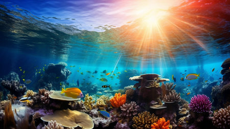 Underwater view of coral reef and tropical fish. 3d renderingの素材