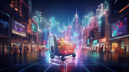 Shopping cart and people in the city at night. 3D renderingの素材
