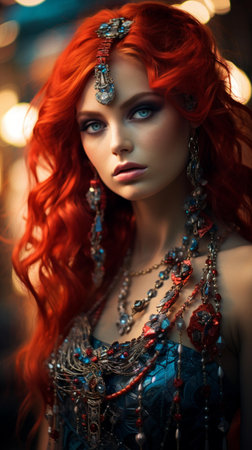 Portrait of a beautiful young woman with red hair and jewelry.の素材