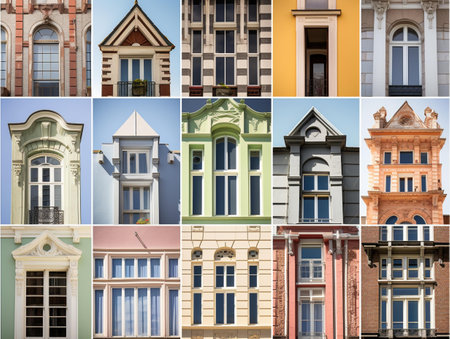 Collage of colorful facades of houses in Bruges, Belgiumの素材