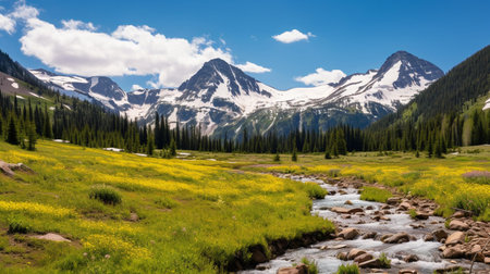 Mountain meadow with wildflowers and snowcapped peaksの素材
