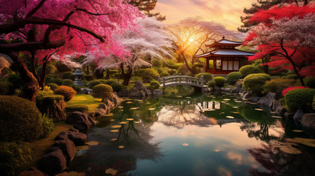 Beautiful Japanese garden with cherry blossom in spring time for adv or others purpose useの素材