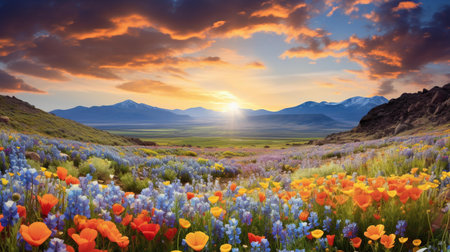 Beautiful spring landscape with blooming meadow and mountains at sunsetの素材