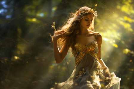 Beautiful young woman in a fantasy forest. Beauty, fashion.の素材