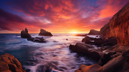 Fantastic sunset on the beach with rocks in the foreground.の素材