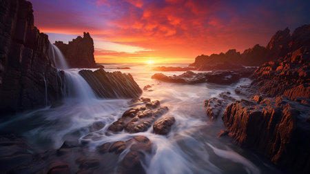 Beautiful seascape with long exposure of a waterfall falling on a rocky beachの素材
