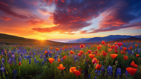 Beautiful landscape with poppies and wildflowers at sunsetの素材