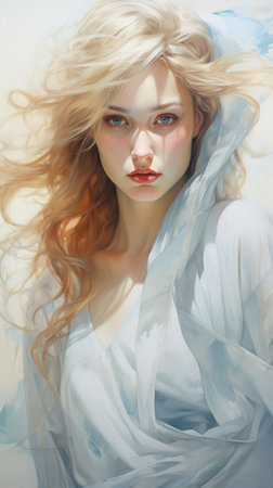 Portrait of a beautiful girl with long hair in a white dressの素材