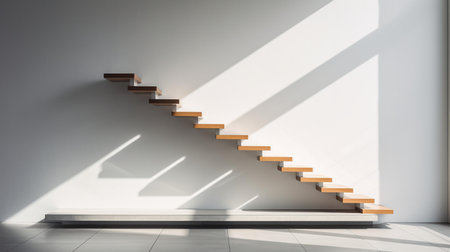 Conceptual image of a stairway leading up to white wallの素材
