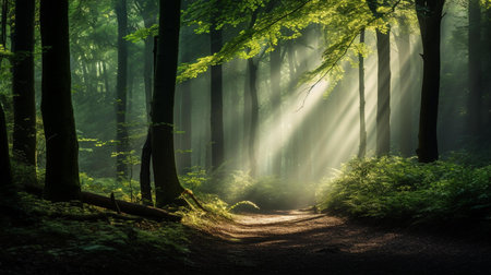Morning in the forest with sunbeams passing through the trees.の素材