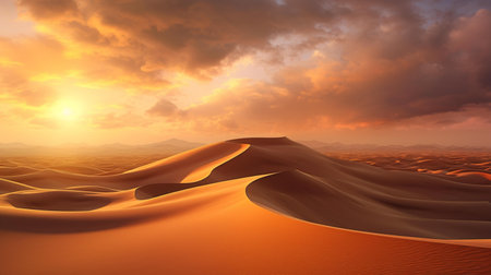 Sand dunes in desert at sunset. 3d render illustration.の素材
