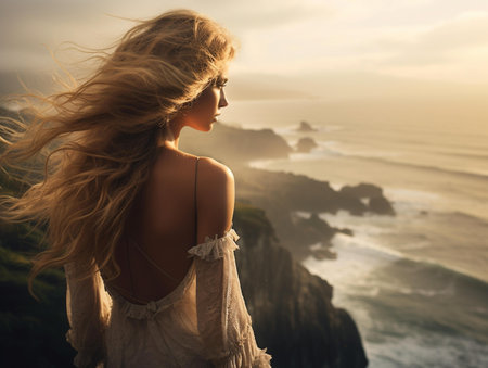 Beautiful young woman with long blond hair in white dress on the cliff over the seaの素材
