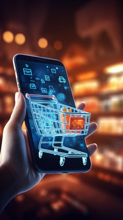 View of a businessman holding a smartphone with a shopping cart iconの素材