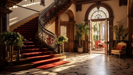 Interior of a luxury villa with wooden stairs and red carpetの素材
