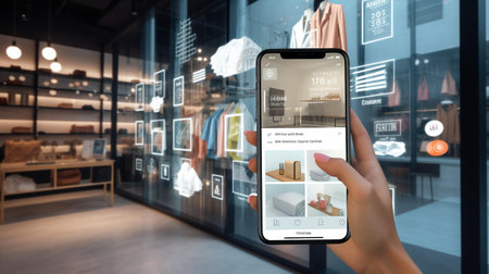 Digital composite of Hand holding phone with delivery app on screen in storeの素材