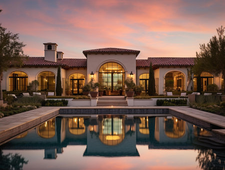 Luxury villa with swimming pool at dusk. Luxury homeの素材