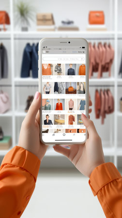 Woman holding smartphone with fashion blog on screen in room, closeupの素材