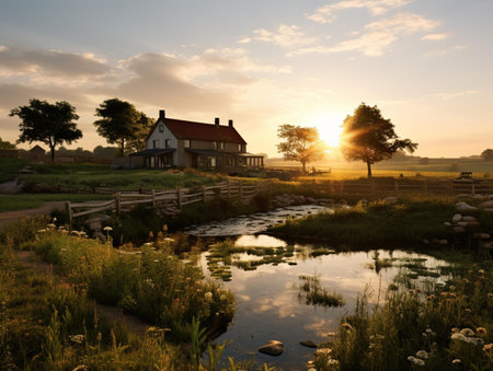 Sunset over a pond in the countryside with a small house in the foregroundの素材