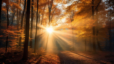 Beautiful autumn forest landscape with sunbeams shining through the treesの素材