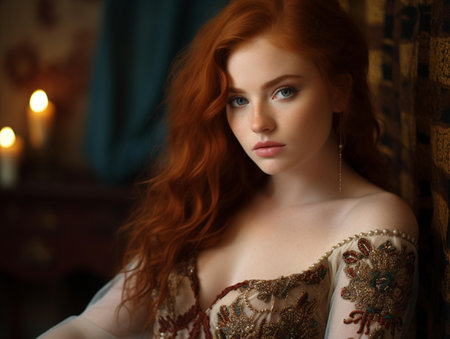 Portrait of a beautiful young redhead woman in evening dress.の素材