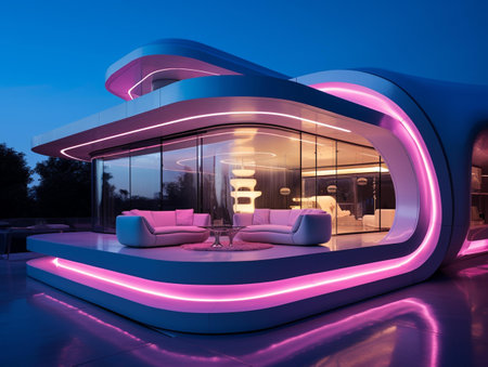 Interior of a modern house with a blue and pink neon lightsの素材