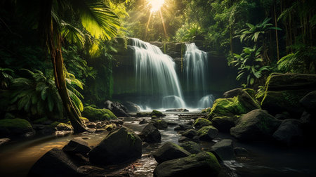 Beautiful waterfall in the forest at sunset time. Panoramic viewの素材
