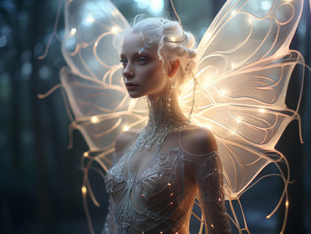 3d rendering of a fairy in the forest with lights and smokeの素材