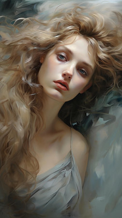 Portrait of a beautiful young woman with long curly hair. Beauty, fashion.の素材