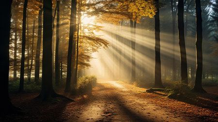 Mysterious autumn forest with sunbeams and rays of lightの素材