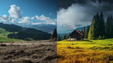 Panoramic view of alpine meadow and wooden house.の素材