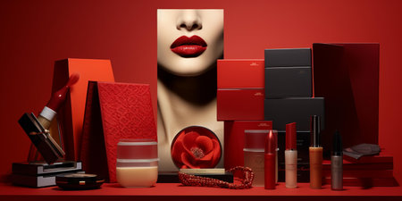 Beauty and fashion concept with woman face and cosmetics on red backgroundの素材
