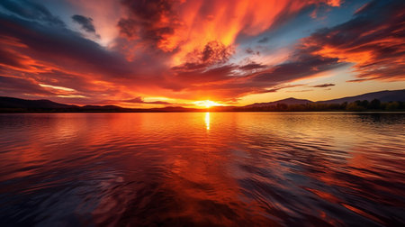 Beautiful sunset on the lake with reflection of clouds and mountains.の素材