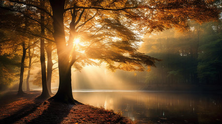 Autumn landscape with fog in the forest and lake at sunrise.の素材