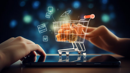 Online shopping concept with hand using smartphone and cart on dark bokeh backgroundの素材