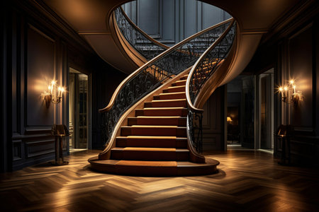 3D rendering of an elegant staircase in a luxury house interior.の素材