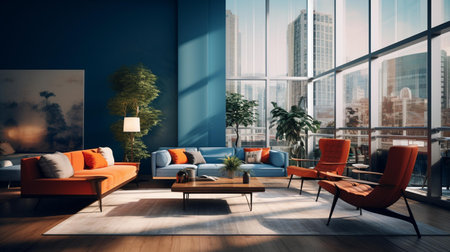 Modern living room interior with orange sofa, coffee table and city view. 3D renderingの素材