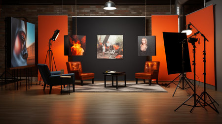 Interior of modern photo studio with orange and black walls. 3D renderingの素材