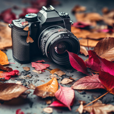 Autumn photography concept. Vintage camera with autumn leaves on dark backgroundの素材