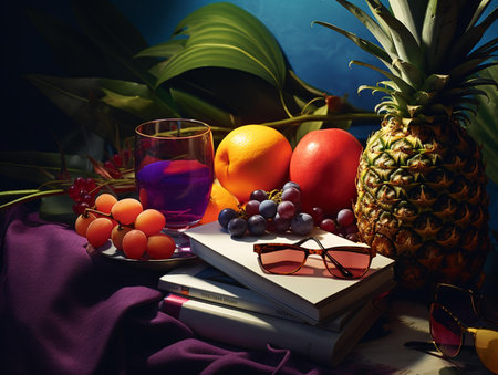 Composition with fruits and eyeglasses on a dark background.の素材